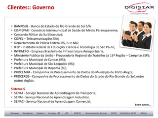 • BANRISUL - Banco do Estado do Rio Grande do Sul S/A
• CISMEPAR - Consórcio Intermunicipal de Saúde do Médio Paranapanema;
• Comando Militar do Sul (Exercito);
• COPEL – Telecomunicações S/A;
• Departamento de Policia Federal RS, RJ e MG;
• IFSP - Instituto Federal de Educação, Ciência e Tecnologia de São Paulo;
• INFRAERO - Empresa Brasileira de Infraestrutura Aeroportuária;
• Ministério Publico da União - Procuradoria Regional do Trabalho da 15ª Região – Campinas (SP);
• Prefeitura Municipal de Canoas (RS);
• Prefeitura Municipal de São Leopoldo (RS);
• Prefeitura Municipal de Itapema (SC);
• PROCEMPA - Companhia de Processamento de Dados do Município de Porto Alegre;
• PROCERGS - Companhia de Processamento de Dados do Estado do Rio Grande do Sul, entre
outros órgãos.
Sistema S
• SENAT - Serviço Nacional de Aprendizagem do Transporte;
• SENAI - Serviço Nacional de Aprendizagem Industrial;
• SENAC - Serviço Nacional de Aprendizagem Comercial.
Clientes:: Governo
Entre outros...
 