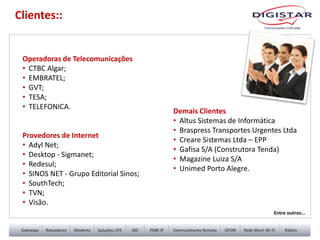 Operadoras de Telecomunicações
• CTBC Algar;
• EMBRATEL;
• GVT;
• TESA;
• TELEFONICA.
Provedores de Internet
• Adyl Net;
• Desktop - Sigmanet;
• Redesul;
• SINOS NET - Grupo Editorial Sinos;
• SouthTech;
• TVN;
• Visão.
Clientes::
Entre outros...
Demais Clientes
• Altus Sistemas de Informática
• Braspress Transportes Urgentes Ltda
• Creare Sistemas Ltda – EPP
• Gafisa S/A (Construtora Tenda)
• Magazine Luiza S/A
• Unimed Porto Alegre.
 