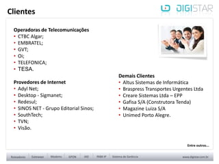 Clientes
Entre outros...
Demais Clientes
• Altus Sistemas de Informática
• Braspress Transportes Urgentes Ltda
• Creare Sistemas Ltda – EPP
• Gafisa S/A (Construtora Tenda)
• Magazine Luiza S/A
• Unimed Porto Alegre.
Operadoras de Telecomunicações
• CTBC Algar;
• EMBRATEL;
• GVT;
• Oi;
• TELEFONICA;
• TESA.
Provedores de Internet
• Adyl Net;
• Desktop - Sigmanet;
• Redesul;
• SINOS NET - Grupo Editorial Sinos;
• SouthTech;
• TVN;
• Visão.
 
