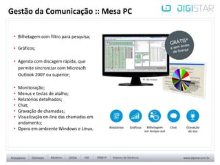 Gestão da Comunicação :: Mesa PC
• Bilhetagem com filtro para pesquisa;
• Gráficos;
• Agenda com discagem rápida, que
permite sincronizar com Microsoft
Outlook 2007 ou superior;
• Monitoração;
• Menus e teclas de atalho;
• Relatórios detalhados;
• Chat;
• Gravação de chamadas;
• Visualização on-line das chamadas em
andamento;
• Opera em ambiente Windows e Linux.
PC não incluso
 