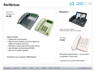 Telefone
TE-300
Terminal
Inteligente
KD-300
Periféricos
Videophone:
Imagem meramente ilustrativa
Produto de terceiros, sujeito a homologação.
GREEN PHONE:
• Display de cristal líquido;
• Não necessita bateria, funciona ligado ao
PABX com apenas dois fios;
• Monitora o status das linhas e dos ramais;
• Identificador de chamadas (DTMF);
• Nas cores marfim e grafite.
Compatível com qualquer PABX Digistar.
Monofone ergonômetro, uso em mesa
ou parede e muito mais.
Compatível com qualquer PABX Digistar.
 