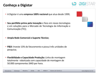 • A Digistar é uma empresa 100% nacional que atua desde 1999;
• Seu portfólio prima pela inovação e foca em novas tecnologias
e em soluções para o Mercado de Tecnologia da Informação e
Comunicação (TIC);
• Ampla Rede Comercial e Suporte Técnico;
• P&D: Investe 13% do faturamento e possui três unidades de
pesquisa;
• Flexibilidade e Capacidade Produção: Linha de montagem
totalmente robotizada com capacidade de montagem de
50.000 componentes SMD por hora.
Conheça a Digistar
 