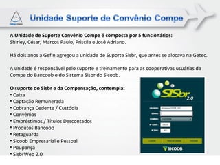 A Unidade de Suporte Convênio Compe é composta por 5 funcionários:
Shirley, César, Marcos Paulo, Priscila e José Adriano.

Há dois anos a Gefin agregou a unidade de Suporte Sisbr, que antes se alocava na Getec.

A unidade é responsável pelo suporte e treinamento para as cooperativas usuárias da
Compe do Bancoob e do Sistema Sisbr do Sicoob.

O suporte do Sisbr e da Compensação, contempla:
• Caixa
• Captação Remunerada
• Cobrança Cedente / Custódia
• Convênios
• Empréstimos / Títulos Descontados
• Produtos Bancoob
• Retaguarda
• Sicoob Empresarial e Pessoal
• Poupança
• SisbrWeb 2.0
 