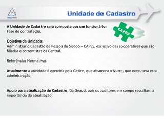 A Unidade de Cadastro será composta por um funcionário:
Fase de contratação.

Objetivo da Unidade:
Administrar o Cadastro de Pessoa do Sicoob – CAPES, exclusivo das cooperativas que são
filiadas e correntistas da Central.

Referências Normativas

Atualmente a atividade é exercida pela Geden, que absorveu o Nucre, que executava esta
administração.


Apoio para atualização do Cadastro: Da Geaud, pois os auditores em campo ressaltam a
importância da atualização.
 