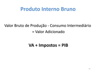 Produto Interno Bruno
Valor Bruto de Produção - Consumo Intermediário
= Valor Adicionado
VA + Impostos = PIB
24
 