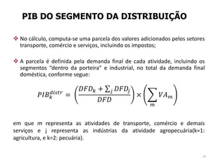 PIB DO SEGMENTO DA DISTRIBUIÇÃO
 No cálculo, computa-se uma parcela dos valores adicionados pelos setores
transporte, comércio e serviços, incluindo os impostos;
 A parcela é definida pela demanda final de cada atividade, incluindo os
segmentos “dentro da porteira” e industrial, no total da demanda final
doméstica, conforme segue:
em que m representa as atividades de transporte, comércio e demais
serviços e j representa as indústrias da atividade agropecuária(k=1:
agricultura, e k=2: pecuária).
𝑃𝐼𝐵 𝑘
𝑑𝑖𝑠𝑡𝑟
=
𝐷𝐹𝐷 𝑘 + 𝐷𝐹𝐷𝑗𝑗
𝐷𝐹𝐷
× 𝑉𝐴 𝑚
𝑚
29
 