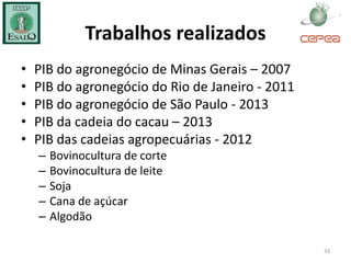 Trabalhos realizados
• PIB do agronegócio de Minas Gerais – 2007
• PIB do agronegócio do Rio de Janeiro - 2011
• PIB do agronegócio de São Paulo - 2013
• PIB da cadeia do cacau – 2013
• PIB das cadeias agropecuárias - 2012
– Bovinocultura de corte
– Bovinocultura de leite
– Soja
– Cana de açúcar
– Algodão
33
 