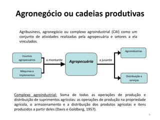 Agronegócio ou cadeias produtivas
Agropecuária
Insumos
agropecuários
Agroindústrias
Máquinas e
implementos Distribuição e
serviços
a montante a jusante
Complexo agroindustrial: Soma de todas as operações de produção e
distribuição de suprimentos agrícolas: as operações de produção na propriedade
agrícola, o armazenamento e a distribuição dos produtos agrícolas e itens
produzidos a partir deles (Davis e Goldberg, 1957).
Agribusiness, agronegócio ou complexo agroindustrial (CAI) como um
conjunto de atividades realizadas pela agropecuária e setores a ela
vinculados.
6
 
