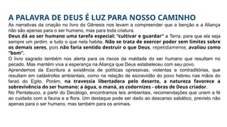 A PALAVRA DE DEUS É LUZ PARA NOSSO CAMINHO
As narrativas da criação no livro do Gênesis nos levam a compreender que a benção e a Aliança
não são apenas para o ser humano, mas para toda criatura.
Deus dá ao ser humano uma tarefa especial: “cultivar e guardar” a Terra, para que ela seja
sempre um jardim, e tudo o que nela habita. Não se trata de exercer poder sem limites sobre
os demais seres, pois não faria sentido destruir o que Deus, repetidamente, avaliou como
“bom”.
O livro sagrado também nos alerta para os riscos da maldade do ser humano que resultam no
pecado. Mas mantém viva a esperança na Aliança que Deus estabeleceu com seu povo.
Aprendemos da Escritura a existência de políticas opressivas, violentas e contraditórias, que
resultam em catástrofes ambientais, como na relação de escravidão do povo hebreu nas mãos do
faraó do Egito. Porém, na travessia libertadora pelo deserto, a natureza favorece a
sobrevivência do ser humano: a água, o maná, as codornizes - obras de Deus criador.
No Pentateuco, a partir do Decálogo, encontramos leis ambientais, recomendações que unem a fé
ao cuidado com a fauna e a flora. Um destaque pode ser dado ao descanso sabático, previsto não
apenas para o ser humano, mas também para os animais.
 