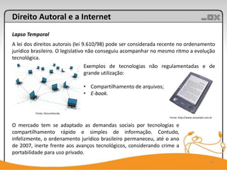 Direito Autoral e a Internet
Lapso Temporal
A lei dos direitos autorais (lei 9.610/98) pode ser considerada recente no ordenamento
jurídico brasileiro. O legislativo não conseguiu acompanhar no mesmo ritmo a evolução
tecnológica.
                                  Exemplos de tecnologias não regulamentadas e de
                                  grande utilização:

                                • Compartilhamento de arquivos;
                                • E-book.


          Fonte: Desconhecida
                                                                  Fonte: http://www.sonystyle.com.br

O mercado tem se adaptado as demandas sociais por tecnologias e
compartilhamento rápido e simples de informação. Contudo,
infelizmente, o ordenamento jurídico brasileiro permaneceu, até o ano
de 2007, inerte frente aos avanços tecnológicos, considerando crime a
portabilidade para uso privado.
                                                                                                 10
 