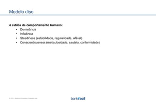 © 2015 – BankFacil Consultoria Financeira Ltda.
Modelo disc
4 estilos de comportamento humano:
• Dominância
• Influência
• Steadiness (estabilidade, regularidade, afável)
• Conscientiousness (meticulosidade, cautela, conformidade)
 