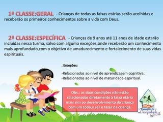 - Crianças de todas as faixas etárias serão acolhidas e
receberão os primeiros conhecimentos sobre a vida com Deus.
- Crianças de 9 anos até 11 anos de idade estarão
incluídas nessa turma, salvo com alguma exceções,onde receberão um conhecimento
mais aprofundado,com o objetivo de amadurecimento e fortalecimento de suas vidas
espirituais.
. Exceções:
-Relacionadas ao nível de aprendizagem cognitiva;
-Relacionadas ao nível de maturidade espiritual.
Obs.: as duas condições não estão
relacionadas diretamente à faixa etária
mais sim ao desenvolvimento da criança
com um todo,o ser e fazer da criança.
 
