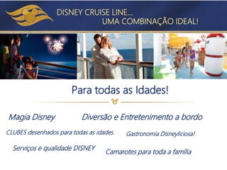 Para todas as Idades!
UNA COMBINACION IDEAL…
Magia Disney Diversão e Entretenimento a bordo
Serviços e qualidade DISNEY
CLUBES desenhados para todas as idades. Gastronomia Disneyliciosa!
Camarotes para toda a família
DISNEY CRUISE LINE…
UMA COMBINAÇÃO IDEAL!
 