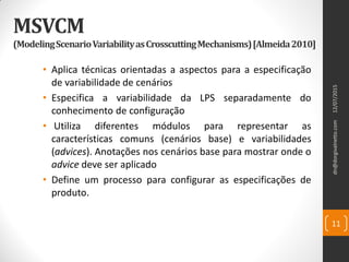 MSVCM
(ModelingScenarioVariabilityasCrosscuttingMechanisms)[Almeida2010]
• Aplica técnicas orientadas a aspectos para a especificação
de variabilidade de cenários
• Especifica a variabilidade da LPS separadamente do
conhecimento de configuração
• Utiliza diferentes módulos para representar as
características comuns (cenários base) e variabilidades
(advices). Anotações nos cenários base para mostrar onde o
advice deve ser aplicado
• Define um processo para configurar as especificações de
produto.
dn@dorgivalnetto.com
11
12/07/2015
 