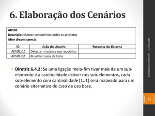 6. Elaboração dos Cenários
• Diretriz 6.4.2: Se uma ligação meio-fim tiver mais de um sub-
elemento e a cardinalidade estiver nos sub-elementos, cada
sub-elemento com cardinalidade [1..1] será mapeado para um
cenário alternativo do caso de uso base.
12/07/2015dn@dorgivalnetto.com
33
ADV01
Descrição: Manter consistência entre os artefatos
After @consistencia
ID Ação do Usuário Resposta do Sistema
ADV01.01 Detectar mudança nos requisitos
ADV01.02 Atualizar casos de teste
 