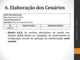 6. Elaboração dos Cenários
• Diretriz 6.4.5: Os cenários alternativos, de acordo com
Almeida (2010) devem ser mapeados, no conhecimento de
configuração, através da aplicação da transformação select
scenario
12/07/2015dn@dorgivalnetto.com
35
UC05 Filtro Selecionado
Ator: Engenheiro de Teste
Cenário Alternativo 01
Descrição: Filtrar por propósito de teste
ID Ação do Usuário Resposta do Sistema
CA01.01
 