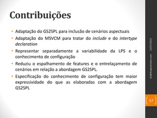 Contribuições
• Adaptação do GS2SPL para inclusão de cenários aspectuais
• Adaptação do MSVCM para tratar do include e do intertype
declaration
• Representar separadamente a variabilidade da LPS e o
conhecimento de configuração
• Reduziu o espalhamento de features e o entrelaçamento de
cenários em relação a abordagem GS2SPL.
• Especificação do conhecimento de configuração tem maior
expressividade do que as elaboradas com a abordagem
GS2SPL
12/07/2015dn@dorgivalnetto.com
57
 