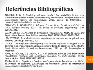Referências Bibliográficas
• ALMEIDA, R. B. D. Modeling software product line variability in use case
scenarios: an approach based on crosscutting mechanisms. Tese (Doutorado) —
Universidade Federal de Pernambuco, 2010. Centro de Informática -
Universidade Federal de Pernambuco.
• CLEMENTS, P.; NORTHROP, L. Software Product Lines: Practices and Patterns.
[S.l.]: Addison Wesley, 2002. (SEI Series in Software Engineering). ISBN
0201703327.
• CZARNECKI, K.; EISENECKER, U. Generative Programming: Methods, Tools, and
Applications. Boston, MA: Addison-Wesley, 2000. ISBN 978- 0-201-30977-5.
• LAMSWEERDE, A. v. Goal-oriented requirements engineering: A guided tour.
Toronto, Canada, p. 249–262, 2001.
• LIMA, C. D. Q. E-spl: uma abordagem para a fase de requisitos na engenharia de
domínio e na engenharia de aplicação com modelos de objetivos. In: Recife, PE,
Brasil: Universidade Federal de Pernambuco, 2011. p. 199. Dissertação de
Mestrado.
• POHL, K.; BÖCKLE, G.; LINDEN, F. J. v. d. Software Product Line Engineering:
Foundations, Principles and Techniques. Secaucus, NJ, USA: Springer- Verlag
New York, Inc., 2005. ISBN 3540243720.
• SOUZA, G. G. d. Objetivos e Cenários na Engenharia de Requisitos para Linhas
de Produto de Software. (Dissertação de Mestrado) Centro de Informática,
Universidade Federal de Pernambuco.
12/07/2015dn@dorgivalnetto.com
60
 