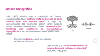 Joly (1990) trabalha com a construção de “mapas
especializados, [que] ilustram o fato de que não se pode
colocar tudo num mesmo mapa”, ou seja, as
apresentações dos fenômenos podem variar, exigindo
assim soluções diversificadas. Essas representações
temáticas não substituem as representações
topográficas, e sim, se acrescentam a elas” (MARTINELLI,
2003).
Método Cartográﬁco
Conceito de rizoma, a partir dos estudos
de Deleuze e Guattari
Ligar hastes que “vão se desenhando ao
mesmo tempo (e indissociavelmente)”
(ROLNIK, 1983, p.44)
 