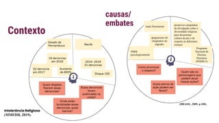 Quais religiões
ﬁzeram essas
denúncias?
Intolerância Religiosa
(MMFDH, 2019).
Recife
Essas denúncias
foram
publicadas na
mídia?
Onde estão
localizadas essas
denúncias, quais
bairros?
02 denúncia
em 2017
16 denúncias
em 2018
Aumento
de 800%
2014- 2019
31 denúncias
Disque 100
Estado de
Pernambuco
Contexto
Como promover
o respeito?
(BRASIL, 2009, p.100).
Quem são os
personagens que
podem atuar
nessas ações?
Quais planos de
ação podem ser
feitos?
mata
psicologicamente
apagamento do
imaginário do
sagrado;
promover campanhas
de divulgação sobre a
diversidade religiosa
para disseminar
cultura da paz e de
respeito às diferentes
crenças
Programa
Nacional de
Direitos
Humanos
(PNDH-3)
mata fisicamente
causas/
embates
 