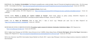 ROSENDAHL, Zeny. Território e Territorialidade: Uma Perspectiva geográfica para o estudo da religião. Anais do X Encontro de Geógrafos da América Latina – 20 a 26 de março
de 2005 – Universidade de São Paulo. <http://observatoriogeograficoamericalatina.org.mx/egal10/Geografiasocioeconomica/Geografiacultural/38.pdf>. Acesso em: 28/07/2021.
SANTOS, Nathan. Imagem de Iansã é quebrada na Faculdade de Direito, Portal LeiaJá,
editoria de cidades [online], 20/11/2014 Disponível em: <https://www.leiaja.com/carreiras/2014/11/20/imagem-de-iansa-e-quebrada-na-faculdade-de-direito/>. Acesso em:
15/08/2021.
SANTOS, Giselly. Michele se desculpa por "quebrar maldição de Iemanjá", Portal LeiaJá, editoria de política [online], 06/02/2018. Disponível em:
<https://m.leiaja.com/politica/2018/02/06/michele-se-desculpa-por-quebrar-maldicao-de-iemanja>. Acesso em: 15/08/2021.
SABER, Casa do. Raízes da Intolerância, Pedro de Santi, 2016, 1 vídeo (3 min.21 seg.). Publicado pelo canal: Casa do Saber. Disponível em:
<https://www.youtube.com/watch?v=AusNpbp1jIk>. Acesso em: 11/08/2021.
SECRETARIA DE JUSTIÇA E DIREITOS HUMANOS. Pernambuco registra aumento de denúncias relacionadas à intolerância religiosa, 2018. Disponível em:
<http://www.sjdh.pe.gov.br/node/1332>. Acesso em: 09/10/2021.
SILVA, Nadijja Carmo Domingos da; OLIVEIRA, Jéssica Silvestre de Lira; CAMPOS, Zuleica Dantas Pereira. O Terreiro Obá Ogunté e Ilê Axé Oyá Meguê: Modernidade e
Tradição, 2013. Disponível em: <http://www.unicap.br/coloquiodehistoria/wp-content/uploads/2013/11/4Col-p.671.pdf>. Acesso em: 29/11/2021.
SILVA, Jairo. Entrevista I. [jan.2022]. Entrevistadora: Rayane Marinho Leal. Recife, 2022. 1 arquivo (App. Whatsaap). A entrevista na íntegra encontra-se transcrita no Apêndice III
desta dissertação.
 