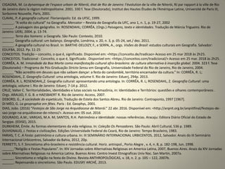 CIGAGNA, M. La dynamique de l'espace urbain de Niterói, état de Rio de Janeiro: l'évolution de la ville de Niterói, RJ par rapport à la ville de Rio
de Janeiro dans la région métropolitaine. 2001. 330 f. Tese (Doutorado), Institut des Hautes Études de l’Amérique Latine, Université de Paris III,
Sorbonne Nouvelle, Paris, 2001.
CLAVAL, P. A geografia cultural. Florianópolis: Ed. da UFSC, 1999.
______. “A volta do cultural” na Geografia. Mercator – Revista de Geografia da UFC, ano 1, n. 1, p. 19-27, 2002
______. A paisagem dos geógrafos. In: ROSENDAHL; CORRÊA, (Orgs.) Paisagens, texto e identidades. Tradução de Márcia Trigueiro. Rio de
Janeiro: UERJ, 2004. p. 13-74.
______. Terra dos homens: a Geografa. São Paulo: Contexto, 2010.
______. Geografia cultural: um balanço. Geografia, Londrina, v. 20, n. 3, p. 05-24, set./ dez. 2011.
______. A geografia cultural no Brasil. In: BARTHE-DELOIZY, F., e SERPA, A., orgs. Visões do Brasil: estudos culturais em Geografia. Salvador:
EDUFBA, 2012. Pp. 11-25
CONCEITOS. Tradição – conceito, o que é, significado. Disponível em: <https://conceito.de/tradicao> Acesso em 25 mar 2018 às 2h25.
CONCEITOS. Tradicional - Conceito, o que é, Significado . Disponível em: <https://conceitos.com/tradicional/> Acesso em 25 mar. 2018 às 2h25.
CORRÊA, A. M. Irmandade da Boa Morte como manifestação cultural afro-brasileira: de cultura alternativa à inserção global. 2004. 323 f. Tese
(Doutorado) – Programa de Pós-Graduação Stricto Sensu em Geografia, Universidade Federal do Rio de Janeiro, Rio de Janeiro, 2004.
______ “Não acredito em deuses que não saibam dançar: a festa do candomblé, território encarnador da cultura.” In: CORRÊA, R. L;
ROSENDAHL, Z. Geografia Cultural: uma antologia, volume II. Rio de Janeiro: Eduerj, 294p. 2013.
CORRÊA, R. L. ROSENDAHL,Z. Geografia cultural: apresentando uma antologia. In: CORRÊA, R. L; ROSENDAHL, Z. Geografia Cultural: uma
antologia, volume I. Rio de Janeiro: Eduerj. 7-14 p. 2012.
CRUZ, Valter C. Territorialidades, identidades e lutas sociais na Amazônia, in: Identidades e Territórios: questões e olhares contemporâneos .
Orgs. ARAUJO, F. G. B. e HAESBAERT R. Rio de Janeiro: Access, 2007.
DEBORD, G., A sociedade do espetáculo, Tradução de Estela dos Santos Abreu. Rio de Janeiro: Contraponto, 1997 [1967].
DI MÉO, G. La geopraphie em fêtes. Paris : Ed. Geophys, 2001.
DIAS, João. (2016) “Festejos de São Jorge na Arquidiocese de Niterói.” 22 abr. 2016. Disponível em: <http://arqnit.org.br/arqnitfinal/festejos-de-
sao-jorge-na-arquidiocese-de-niteroi/>. Acesso em: 05 out. 2016
DOURADO, A.M.; VARGAS, M.A. M; SANTOS, R.H. Patrimônio e Identidade: nossas referências. Aracaju: Editora Diário Oficial do Estado de
Sergipe. (EDISE), 2015.
DURKHEIM, Émile. As formas elementares da vida religiosa. In: Coleção Os Pensadores. São Paulo: Abril Cultural, 536 p. 1989.
DUVIGNAUD, J. Festas e civilizações. Edições Universidade Federal do Ceará, Rio de Janeiro: Tempo Brasileiro, 1983.
FARIAS, T. C. A Festa: patrimônio e cultura urbana. In: III SEMINÁRIO INTERNACIONAL URBICENTOS, 2012, Salvador. Anais do III Seminário
Internacional Urbicentros, Salvador da Bahia, 2012, 20p.
FERRETTI, S. F. Sincretismo afro-brasileiro e resistência cultural. Horiz. antropol., Porto Alegre , v. 4, n. 8, p. 182-198, Jun. 1998.
______.“Religião e Festas Populares”. In: XIV Jornadas sobre Alternativas Religiosas en America Latina, 2007, Buenos Aires. Anais da XIV Jornadas
sobre Alternativas Religiosas na America Latina. Buenos Aires: Centro Invest Etnograficas Univ Nac. San Martin, 2007a.
______. Sincretismo e religião na festa do Divino. Revista ANTHROPOLÓGICAS, v. 18, n. 2. p. 105 – 122, 2007b.
______. Repensando o sincretismo. São Paulo. EDUSP/ ARCHÉ, 2013.
 