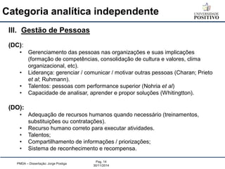 Categoria analítica independente 
PMDA – Dissertação: Jorge Postiga 
Pag. 14 
30/11/2014 
III.Gestão de Pessoas (DC): 
•Gerenciamento das pessoas nas organizações e suas implicações (formação de competências, consolidação de cultura e valores, clima organizacional, etc). 
•Liderança: gerenciar / comunicar / motivar outras pessoas (Charan; Prieto et al; Ruhmann). 
•Talentos: pessoas com performance superior (Nohria et al) 
•Capacidade de analisar, aprender e propor soluções (Whitingtton). (DO): 
•Adequação de recursos humanos quando necessário (treinamentos, substituições ou contratações). 
•Recurso humano correto para executar atividades. 
•Talentos; 
•Compartilhamento de informações / priorizações; 
•Sistema de reconhecimento e recompensa.  