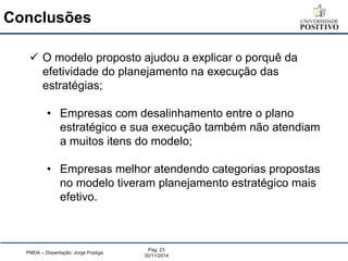 PMDA – Dissertação: Jorge Postiga 
Pag. 23 
30/11/2014 
O modelo proposto ajudou a explicar o porquê da efetividade do planejamento na execução das estratégias; 
•Empresas com desalinhamento entre o plano estratégico e sua execução também não atendiam a muitos itens do modelo; 
•Empresas melhor atendendo categorias propostas no modelo tiveram planejamento estratégico mais efetivo. 
Conclusões  