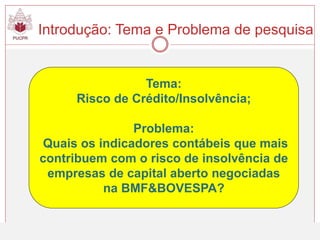 Introdução: Tema e Problema de pesquisa
Tema:
Risco de Crédito/Insolvência;
Problema:
Quais os indicadores contábeis que mais
contribuem com o risco de insolvência de
empresas de capital aberto negociadas
na BMF&BOVESPA?
 