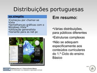Distribuições portuguesas
so.simplis
•Começou por chamar-se
                                                            Em resumo:
Vixta
•Semelhanças gráficas com o
Windows Vista™
•Utilização generalista                                     •Várias distribuições,
•Variante para os net pc                                    para públicos diferentes
                                                            •Estruturas complexas
                                                            •Não se adequam
                                                            especificamente aos
                                                            conteúdos curriculares
                                                            do 1.º Ciclo do ensino
                                                            Básico

                                                                                   66-67

 Software livre no 1.º Ciclo do Ensino Básico:
 Uma distribuição Linux adaptada à organização curricular
 