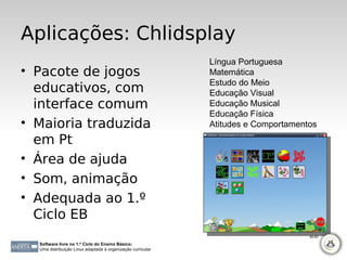 Aplicações: Chlidsplay
                                                             Língua Portuguesa
• Pacote de jogos                                            Matemática
                                                             Estudo do Meio
  educativos, com                                            Educação Visual
  interface comum                                            Educação Musical
                                                             Educação Física
• Maioria traduzida                                          Atitudes e Comportamentos
  em Pt
• Área de ajuda
• Som, animação
• Adequada ao 1.º
  Ciclo EB
                                                                                    80-83

  Software livre no 1.º Ciclo do Ensino Básico:
  Uma distribuição Linux adaptada à organização curricular
 
