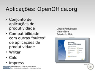 Aplicações: OpenOffice.org
• Conjunto de
  aplicações de
  produtividade                                              Língua Portuguesa
                                                             Matemática
• Compatibilidade                                            Estudo do Meio
  com outras “suites”
  de aplicações de
  produtividade
• Writer
• Calc
• Impress                                                                        100-105

  Software livre no 1.º Ciclo do Ensino Básico:
  Uma distribuição Linux adaptada à organização curricular
 