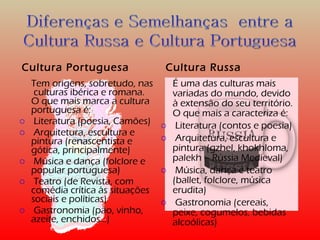 Cultura Portuguesa Cultura Russa 
Tem origens, sobretudo, nas 
culturas ibérica e romana. 
O que mais marca a cultura 
portuguesa é: 
o Literatura (poesia, Camões) 
o Arquitetura, escultura e 
pintura (renascentista e 
gótica, principalmente) 
o Música e dança (folclore e 
popular portuguesa) 
o Teatro (de Revista, com 
comédia crítica às situações 
sociais e políticas) 
o Gastronomia (pão, vinho, 
azeite, enchidos…) 
É uma das culturas mais 
variadas do mundo, devido 
à extensão do seu território. 
O que mais a caracteriza é: 
o Literatura (contos e poesia) 
o Arquitetura, escultura e 
pintura (gzhel, khokhloma, 
palekh – Rússia Medieval) 
o Música, dança e teatro 
(ballet, folclore, música 
erudita) 
o Gastronomia (cereais, 
peixe, cogumelos, bebidas 
alcoólicas) 
 