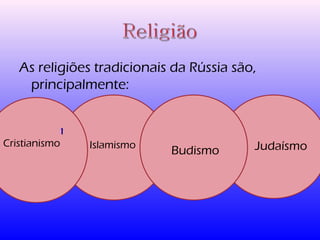 As religiões tradicionais da Rússia são, 
principalmente: 
Islamismo 
11 
Cristianismo Budismo Judaísmo 
 