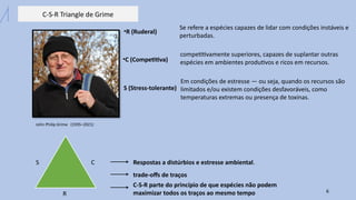 C-S-R Triangle de Grime
6
John Philip Grime (1935–2021)
C
S
R
Respostas a distúrbios e estresse ambiental.
trade-offs de traços
C-S-R parte do princípio de que espécies não podem
maximizar todos os traços ao mesmo tempo
Se refere a espécies capazes de lidar com condições instáveis e
perturbadas.
competitivamente superiores, capazes de suplantar outras
espécies em ambientes produtivos e ricos em recursos.
Em condições de estresse — ou seja, quando os recursos são
limitados e/ou existem condições desfavoráveis, como
temperaturas extremas ou presença de toxinas.
•R (Ruderal)
•C (Competitiva)
S (Stress-tolerante)
 