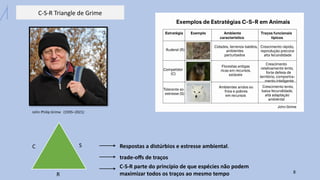C-S-R Triangle de Grime
8
John Philip Grime (1935–2021)
C S
R
Respostas a distúrbios e estresse ambiental.
trade-offs de traços
C-S-R parte do princípio de que espécies não podem
maximizar todos os traços ao mesmo tempo
 