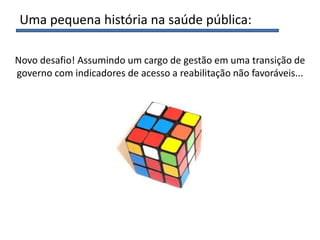 Uma pequena história na saúde pública:
Novo desafio! Assumindo um cargo de gestão em uma transição de
governo com indicadores de acesso a reabilitação não favoráveis...
 