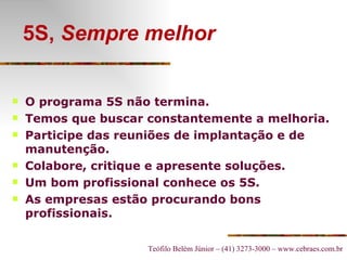 5S,  Sempre melhor O programa 5S não termina. Temos que buscar constantemente a melhoria. Participe das reuniões de implantação e de manutenção. Colabore, critique e apresente soluções. Um bom profissional conhece os 5S. As empresas estão procurando bons profissionais. 