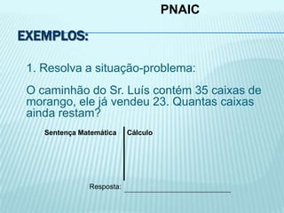 EXEMPLOS:
1. Resolva a situação-problema:
O caminhão do Sr. Luís contém 35 caixas de
morango, ele já vendeu 23. Quantas caixas
ainda restam?
PNAIC
Sentença Matemática Cálculo
Resposta:
 