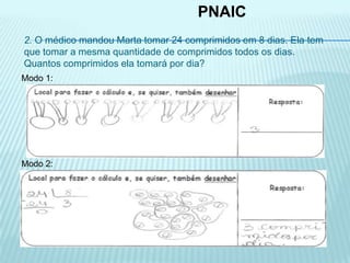 PNAIC
2. O médico mandou Marta tomar 24 comprimidos em 8 dias. Ela tem
que tomar a mesma quantidade de comprimidos todos os dias.
Quantos comprimidos ela tomará por dia?
Modo 1:
Modo 2:
 