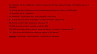 • 93. Histórico de chamadas não mostra o tempo de chamada para chamadas mais velhos do que o
dia atual.
• 94. Não é possível definir sons personalizados para diferentes tipos de notificações.
• 95. Nenhum perfil campainha.
• 96. Nenhuma opção silenciosa (sem vibração e sem anel).
• 97. Não é possível enviar / receber o contato como um arquivo CSV.
• 98. Não é possível fazer backup de sms para PC.
• 99. Não é possível salvar contato no cartão SIM.
• 100. Não é possível alterar tom de toque de alarme ou usar um arquivo de MP3.
• 101. Não é possível definir intervalo de repetição do alarme.
Legenda: Continuação, sobre os defeitos e qualidades do Windows.
 