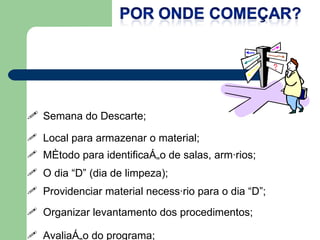 Semana do Descarte; Local para armazenar o material;  Método para identificação de salas, armários; O dia “D” (dia de limpeza);  Providenciar material necessário para o dia “D”; Organizar levantamento dos procedimentos; Avaliação do programa; 