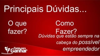 Principais Dúvidas...
O que fazer?

Como Fazer?

Dúvidas que estão sempre na cabeça do

possível empreendedor

 