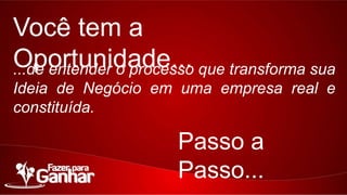 Você tem a Oportunidade...
...de entender o processo que transforma sua Ideia de
Negócio em uma empresa real e constituída.

Passo a Passo...

 