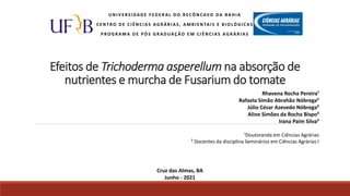 Efeitos de Trichoderma asperellum na absorção de
nutrientes e murcha de Fusarium do tomate
U N I V E RS I DA D E F E D E R A L D O R ECÔ N C AVO DA B A H I A
C E N T RO D E C I Ê N C I A S AG R Á R I A S , A M B I E N TA I S E B I O LÓ G I C A S
P RO G R A M A D E P Ó S G R A D UAÇ ÃO E M C I Ê N C I A S AG R Á R I A S
Rhavena Rocha Pereira¹
Rafaela Simão Abrahão Nóbrega²
Júlio César Azevedo Nóbrega²
Aline Simões da Rocha Bispo²
Irana Paim Silva²
¹Doutoranda em Ciências Agrárias
² Docentes da disciplina Seminários em Ciências Agrárias I
Cruz das Almas, BA
Junho - 2021
 