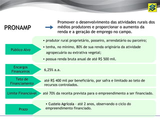 Promover o desenvolvimento das atividades rurais dos
PRONAMP                       médios produtores e proporcionar o aumento da
                              renda e a geração de emprego no campo.

                     • produtor rural proprietário, posseiro, arrendatário ou parceiro;
                     • tenha, no mínimo, 80% de sua renda originária da atividade
  Público Alvo
                       agropecuária ou extrativa vegetal;
                     • possua renda bruta anual de até R$ 500 mil.

   Encargos
  Financeiros        6,25% a.a.

    Teto de          até R$ 400 mil por beneficiário, por safra e limitado ao teto de
 Financiamento       recursos controlados.

Limite Financiável   até 70% da receita prevista para o empreendimento a ser financiado.

                      • Custeio Agrícola – até 2 anos, observando o ciclo do
       Prazo          empreendimento financiado.
 