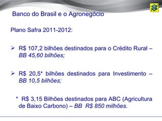 Banco do Brasil e o Agronegócio

Plano Safra 2011-2012:


 R$ 107,2 bilhões destinados para o Crédito Rural –
  BB 45,60 bilhões;


 R$ 20,5* bilhões destinados para Investimento –
  BB 10,5 bilhões;


 * R$ 3,15 Bilhões destinados para ABC (Agricultura
  de Baixo Carbono) – BB R$ 850 milhões.
 