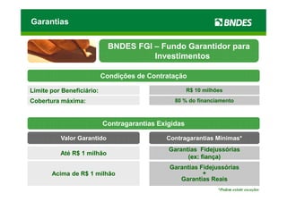 Garantias


                             BNDES FGI – Fundo Garantidor para
                                       Investimentos

                           Condições de Contratação

Limite por Beneficiário:                              R$ 10 milhões

Cobertura máxima:                               80 % do financiamento



                           Contragarantias Exigidas

          Valor Garantido                    Contragarantias Mínimas*
                                              Garantias Fidejussórias
          Até R$ 1 milhão
                                                    (ex: fiança)
                                              Garantias Fidejussórias
       Acima de R$ 1 milhão                              +
                                                 Garantias Reais
                                                                 *Podem existir exceções
 