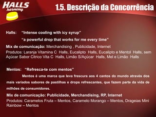 1.5. Descrição da Concorrência


Halls:   “Intense cooling with icy syrup”
         “a powerful drop that works for me every time”
Mix de comunicação: Merchandising , Publicidade, Internet
Produtos: Laranja Vitamina C Halls, Eucalipto Halls, Eucalipto e Mentol Halls, sem
Açúcar Sabor Citrico Vita C Halls, Limão S/Açúcar Halls, Mel e Limão Halls


Mentos: “Refresca-te com mentos”
         Mentos é uma marca que leva frescura aos 4 cantos do mundo através dos
mais variados sabores de pastilhas e drops refrescantes, que fazem parte da vida de
milhões de consumidores.
Mix de comunicação: Publicidade, Merchandising, RP, Internet
Produtos: Caramelos Fruta – Mentos, Caramelo Morango – Mentos, Drageias Mini
Rainbow – Mentos
 
