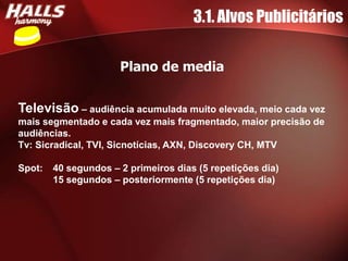 3.1. Alvos Publicitários

                      Plano de media


Televisão – audiência acumulada muito elevada, meio cada vez
mais segmentado e cada vez mais fragmentado, maior precisão de
audiências.
Tv: Sicradical, TVI, Sicnotícias, AXN, Discovery CH, MTV

Spot:   40 segundos – 2 primeiros dias (5 repetições dia)
        15 segundos – posteriormente (5 repetições dia)
 